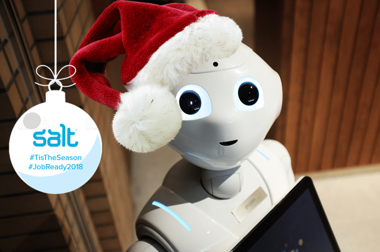 robot wearing a christmas hat