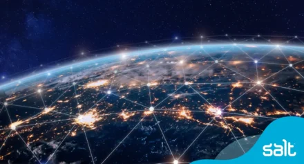 Earth from space with global networking lines connecting locations.