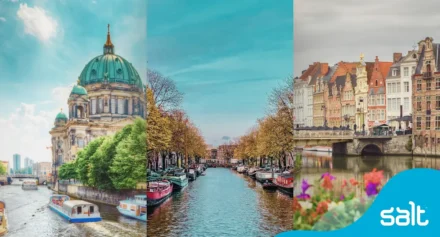 Berlin, Amsterdam and Brussels city views.