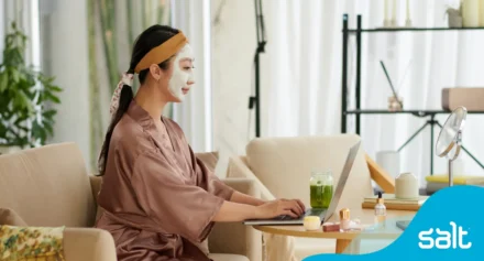Woman practicing self care while working from home.