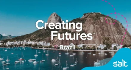 Brazil mountain and yacht club with the wording "Creating Futures Brazil".