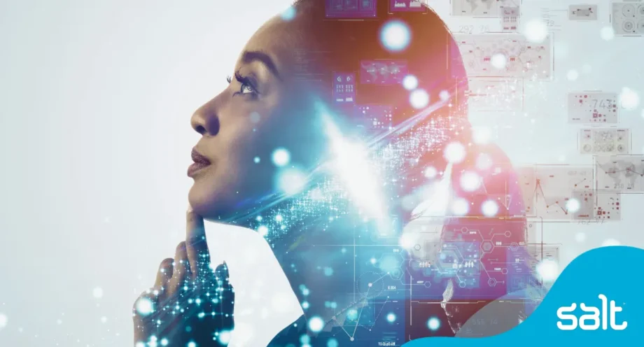 Woman looking up with camera lens glare effect overlay representing technologies.