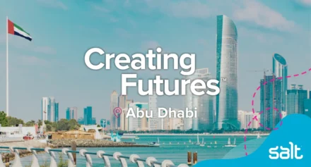 Abu Dhabi city landscape with the wording "Creating Futures Abu Dhabi".