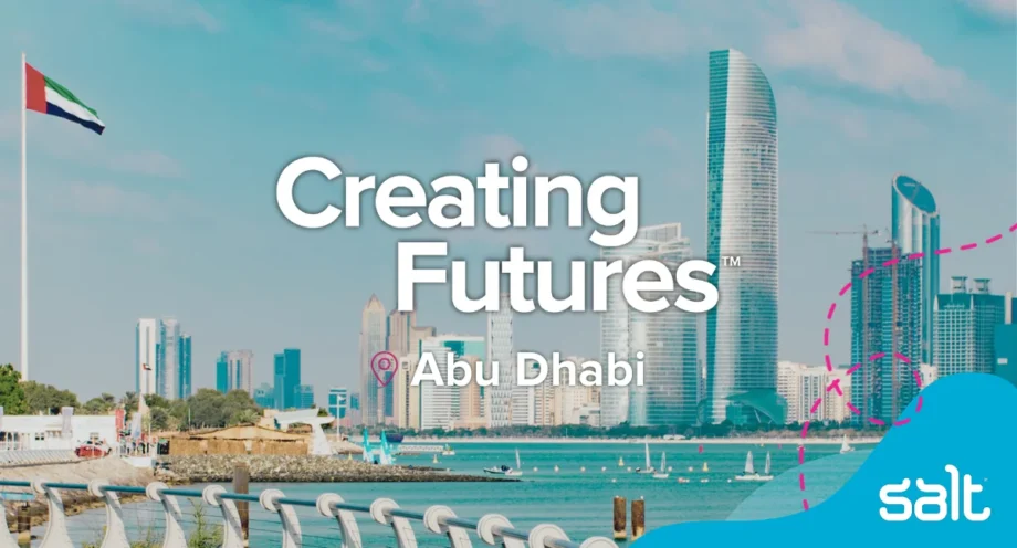 Abu Dhabi city landscape with the wording "Creating Futures Abu Dhabi".