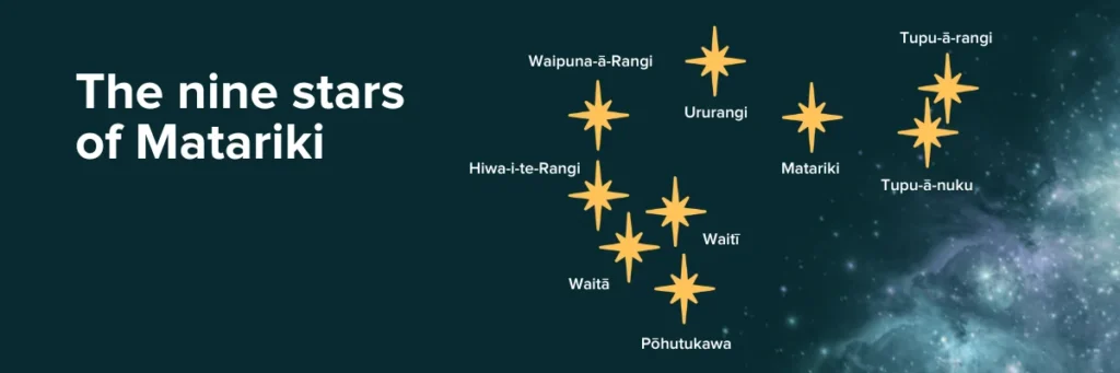 Why we're celebrating Matariki in New Zealand 4 Illustration with the star names and cluster formation of Matariki.