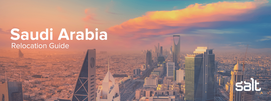 Saudi Arabia relocation guide overlaid on a photo of the cityscape at sunset