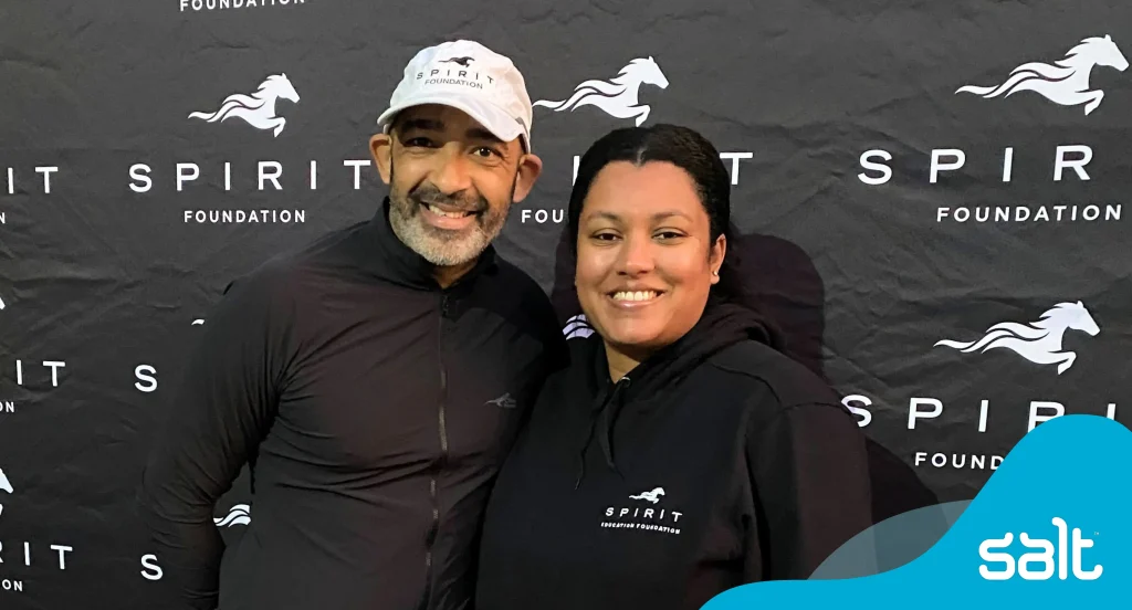 Spirit Foundation Managing Director, Armand Bam and Salt AEMEA Marketing Manager & Spirit alumnus, Billie-Jean Demas before the start of the Feet4Fees trail run