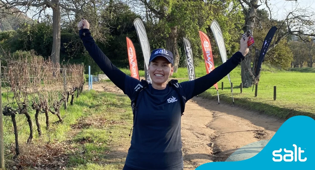 Danica Grobbelaar after finishing the 10km Feet4Fees trail run on 16 June 2024.