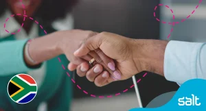 Close-up of two professionals shaking hands, symbolising trust and successful hiring outcomes. The image highlights collaboration, partnership, and effective hiring advice in South Africa. Featuring the South African flag and Salt recruitment branding, it reflects career growth, recruitment tips, and building strong professional connections.