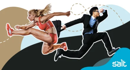 Dynamic image of a female athlete leaping over a businessman running in a suit, symbolising agility, speed, and competition in the marketing industry. The vibrant design reflects themes of career growth, overcoming challenges, and achieving success. Salt recruitment branding emphasises professional development and hiring advice