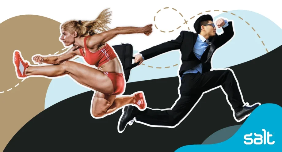 How to build strong leaders 1 Dynamic image of a female athlete leaping over a businessman running in a suit, symbolising agility, speed, and competition in the marketing industry. The vibrant design reflects themes of career growth, overcoming challenges, and achieving success. Salt recruitment branding emphasises professional development and hiring advice