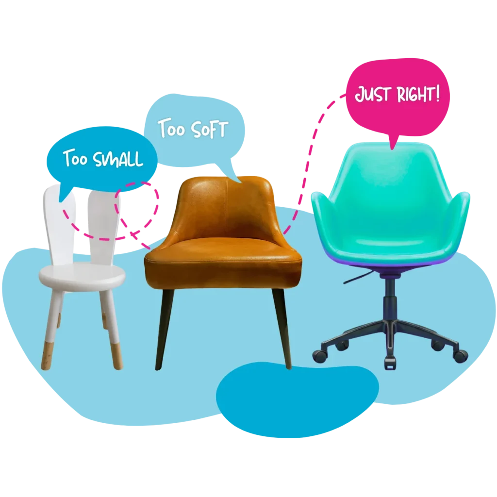 Three different chairs with speech bubbles: “Too Small,” “Too Soft,” and “Just Right” — representing the perfect job fit and the right seat for every candidate