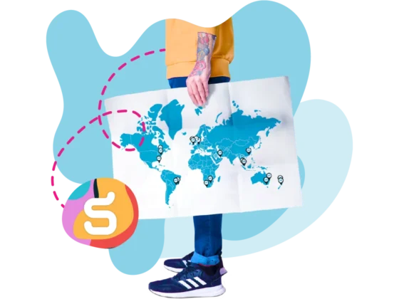 A person holding a world map with pins marking global Salt office locations — website footer image
