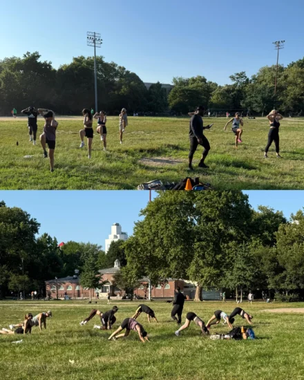 People exercising in a sunny park, doing warm-ups and stretches on a grassy field under clear blue skies