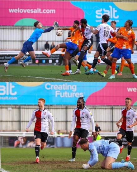 Football match action with players competing near the goal, set against a backdrop of a prominent Salt sponsorship billboard reading “welovesalt.com” and “Creating Futures"