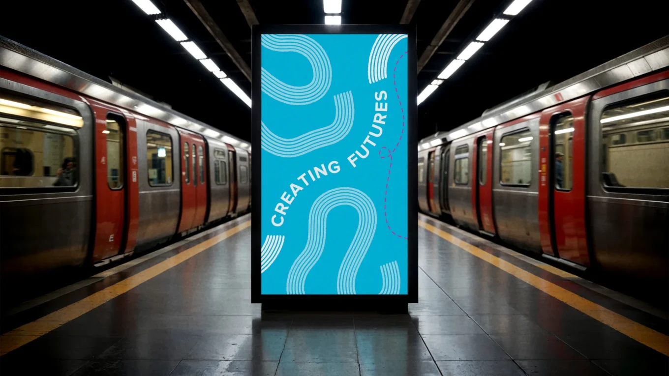 Billboard in an underground subway displaying the phrase “Creating Futures” on a bright blue background, positioned between two red and silver trains