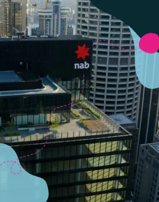 Aerial view of the outside of a NAB office building