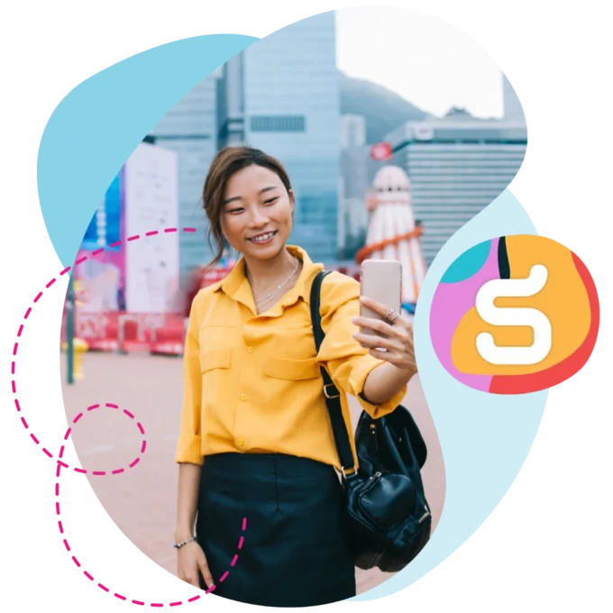 Woman on her phone with Singapore city in the the background.