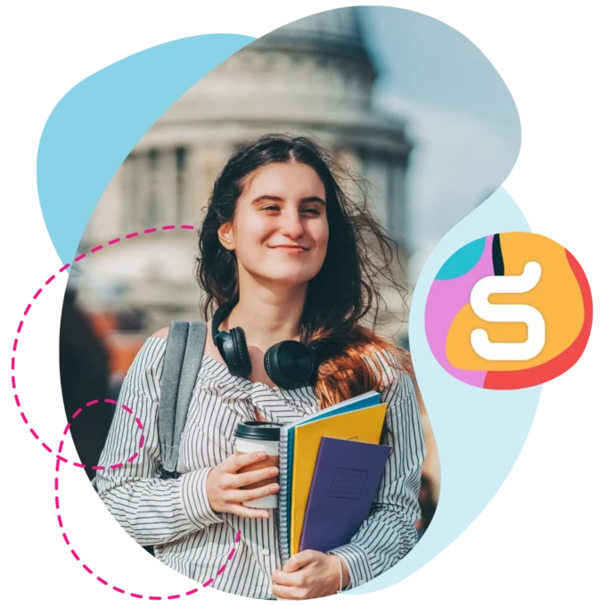 Woman on her way to work in London with headphones and note books.