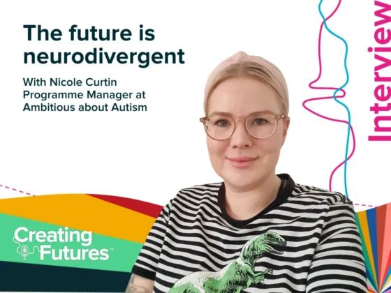 Graphic promoting Creating Futures podcast interview with Nicole Curtin with the headline "The future is neurodivergent".