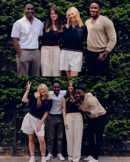 Two group photos of four smiling coworkers standing outdoors in front of greenery, casually dressed and posing cheerfully.