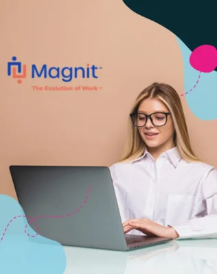 Girl working on a laptop inside a Magnit office