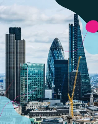 Aerial view of London's skyline featuring the iconic Gherkin, modern skyscrapers, and construction cranes against a cloudy sky
