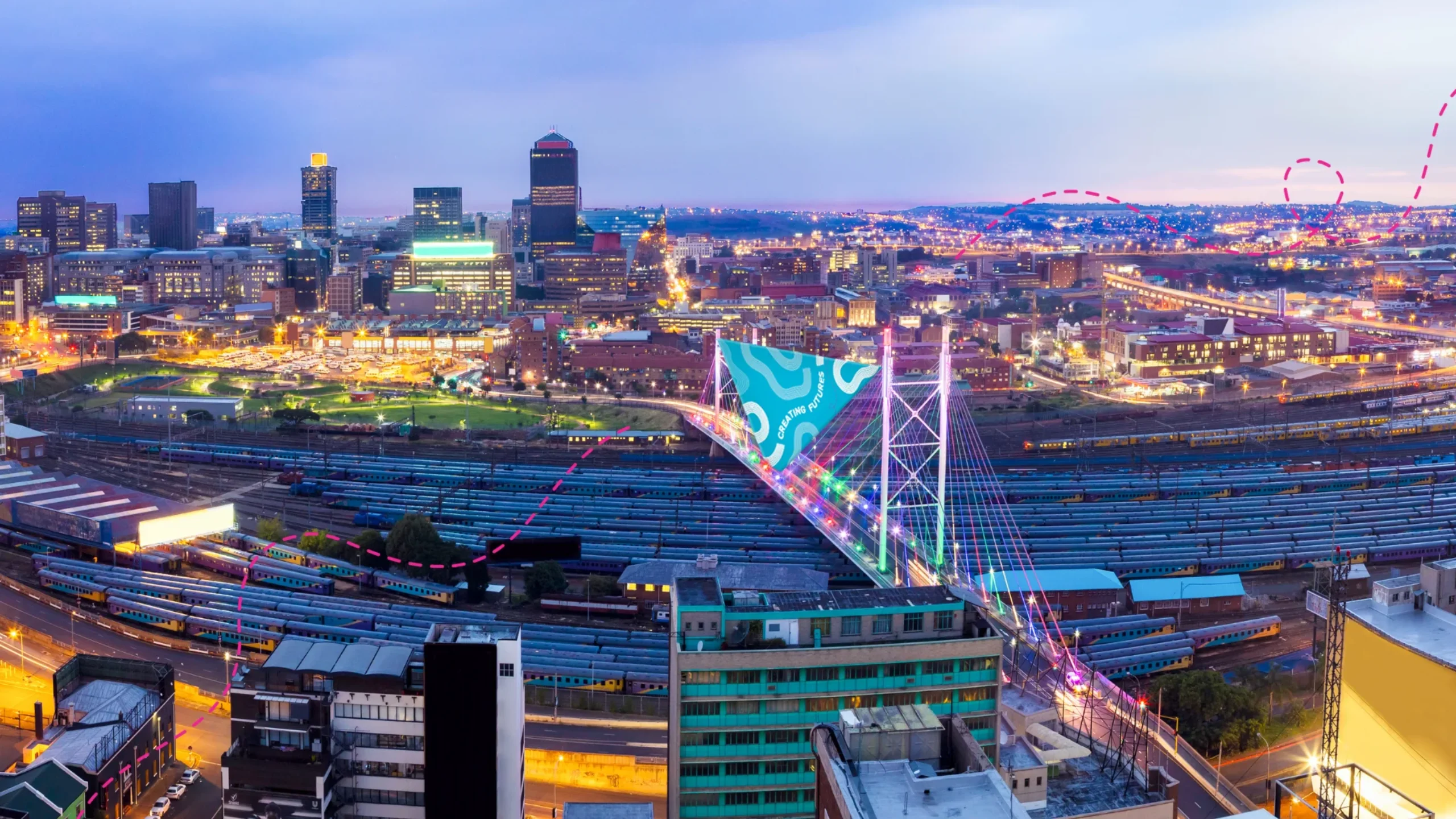 Johannesburg city overlooking Nelson Mandela bridge.