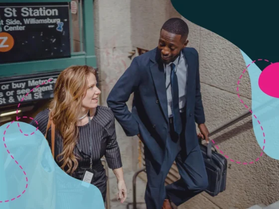 Man and woman exiting Broad St Station, New York.