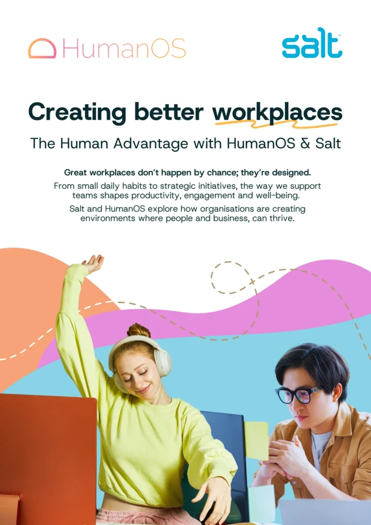 Cover page of Market Guide - Creating Better Workplaces Report featuring two people in the office, looking happy and focused.