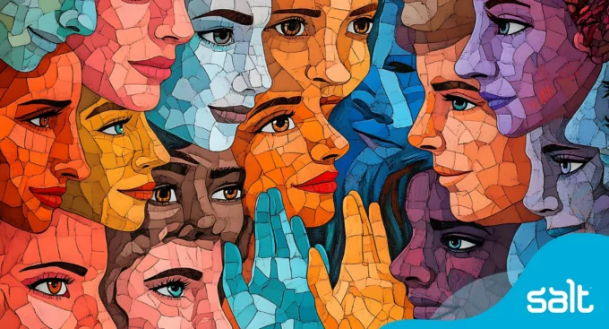 Colourful mosaic portrait of diverse women's faces.