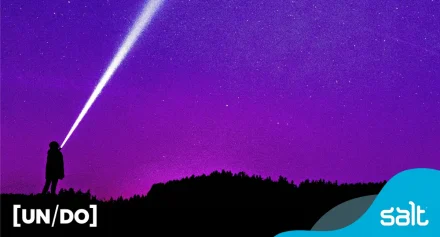 Person holding a torch to the sky. Salt and UN/DO logos