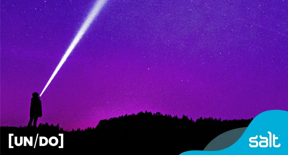 Person holding a torch to the sky. Salt and UN/DO logos
