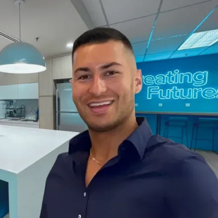 Andrew Saltos headshot in a Salt office.